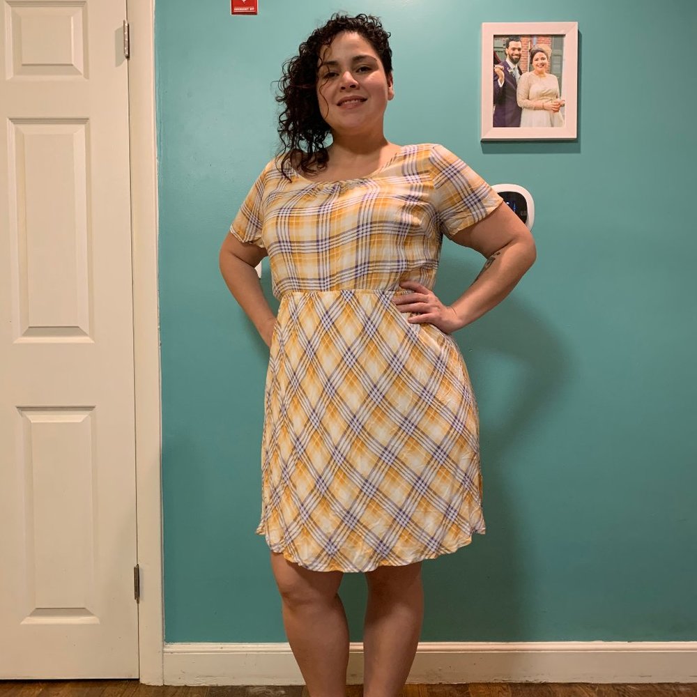 Modcloth Doe & Rae Peach & Periwinkle plaid dress